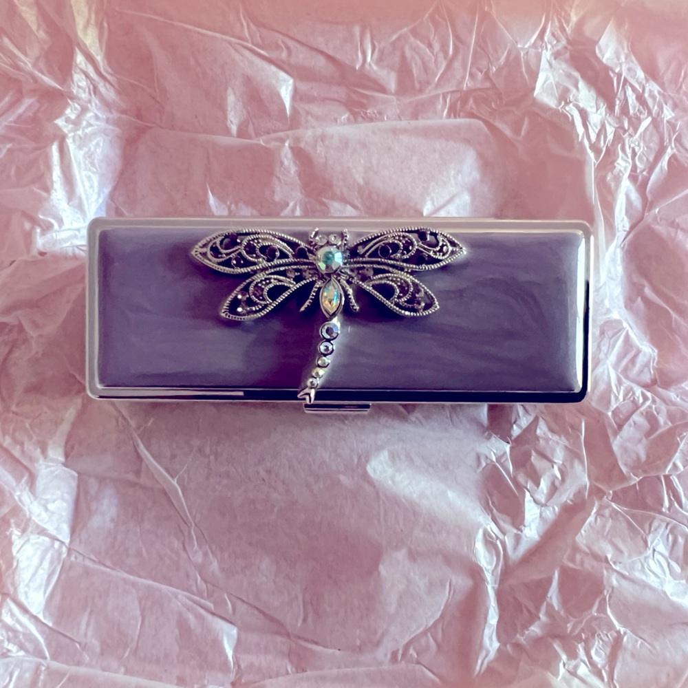 Fashionable Lipstick Case Holder with Mirror and Faux Rhinestone Dragonfly